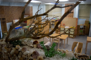 The window into a classroom is decorated with under-the-sea habitat.